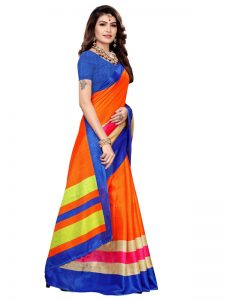 Classic Orange Khadi Silk Printed Kalamkaari Sarees With Blouse