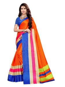 Classic Orange Khadi Silk Printed Kalamkaari Sarees With Blouse