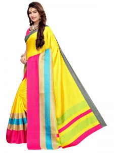 Classic Yellow Khadi Silk Printed Kalamkaari Sarees With Blouse