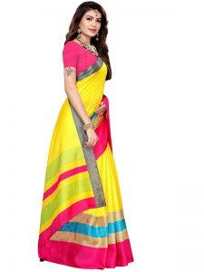 Classic Yellow Khadi Silk Printed Kalamkaari Sarees With Blouse