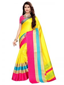 Classic Yellow Khadi Silk Printed Kalamkaari Sarees With Blouse