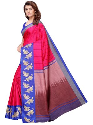 Eagle Pink Khadi Silk Printed Kalamkaari Sarees With Blouse
