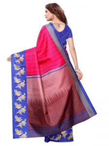 Eagle Pink Khadi Silk Printed Kalamkaari Sarees With Blouse