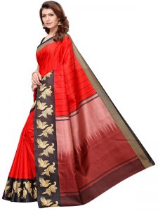 Eagle Red Khadi Silk Printed Kalamkaari Sarees With Blouse