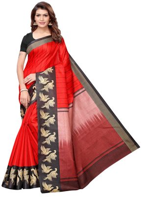 Eagle Red Khadi Silk Printed Kalamkaari Sarees With Blouse