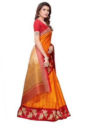 Eagle Yellow Khadi Silk Printed Kalamkaari Sarees With Blouse