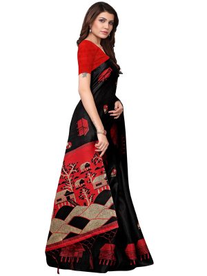 Farm House Black Khadi Silk Printed Kalamkaari Sarees With Blouse