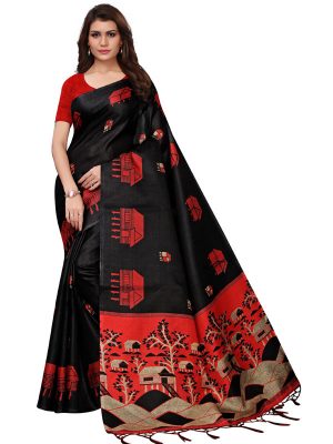 Farm House Black Khadi Silk Printed Kalamkaari Sarees With Blouse