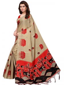 Farm House Chiku Khadi Silk Printed Kalamkaari Sarees With Blouse