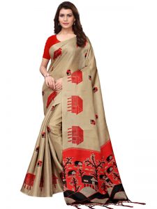 Farm House Chiku Khadi Silk Printed Kalamkaari Sarees With Blouse