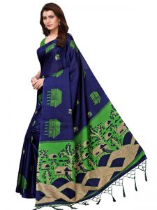 Farm House Navy Khadi Silk Printed Kalamkaari Sarees With Blouse