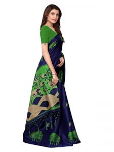 Farm House Navy Khadi Silk Printed Kalamkaari Sarees With Blouse