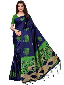 Farm House Navy Khadi Silk Printed Kalamkaari Sarees With Blouse