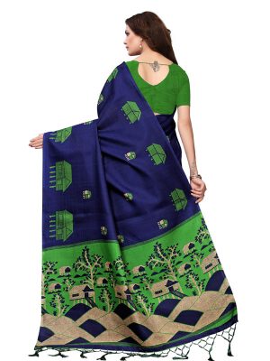 Farm House Navy Khadi Silk Printed Kalamkaari Sarees With Blouse