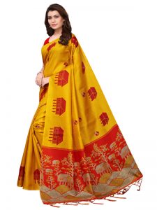 Farm House Yellow Khadi Silk Printed Kalamkaari Sarees With Blouse