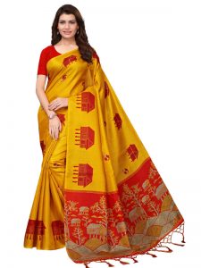 Farm House Yellow Khadi Silk Printed Kalamkaari Sarees With Blouse