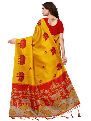 Farm House Yellow Khadi Silk Printed Kalamkaari Sarees With Blouse