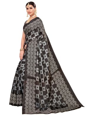 Honda Black Khadi Silk Printed Kalamkaari Sarees With Blouse