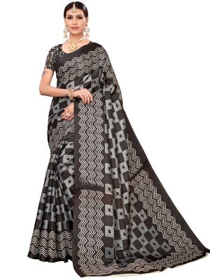 Honda Black Khadi Silk Printed Kalamkaari Sarees With Blouse