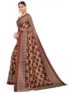 Honda Coffee Khadi Silk Printed Kalamkaari Sarees With Blouse