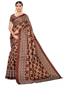 Honda Coffee Khadi Silk Printed Kalamkaari Sarees With Blouse