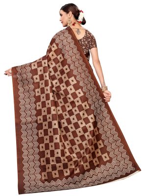 Honda Coffee Khadi Silk Printed Kalamkaari Sarees With Blouse