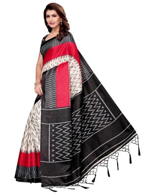 Insta Black Khadi Silk Printed Kalamkaari Sarees With Blouse