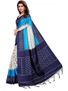 Insta Navy Khadi Silk Printed Kalamkaari Sarees With Blouse