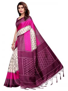 Insta Wine Khadi Silk Printed Kalamkaari Sarees With Blouse