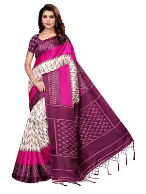 Insta Wine Khadi Silk Printed Kalamkaari Sarees With Blouse