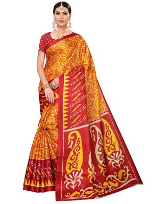 Jaguar Maroon Khadi Silk Printed Kalamkaari Sarees With Blouse