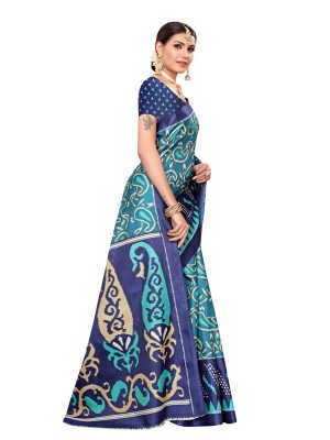 Jaguar Navy Khadi Silk Printed Kalamkaari Sarees With Blouse