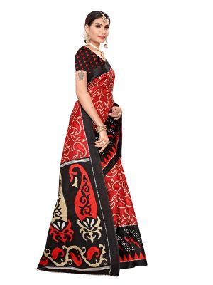 Jaguar Red Khadi Silk Printed Kalamkaari Sarees With Blouse