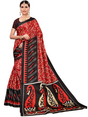 Jaguar Red Khadi Silk Printed Kalamkaari Sarees With Blouse