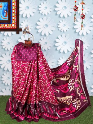 Jaguar Wine Khadi Silk Printed Kalamkaari Sarees With Blouse