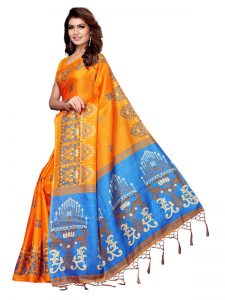 Jhumar Orange Khadi Silk Printed Kalamkaari Sarees With Blouse