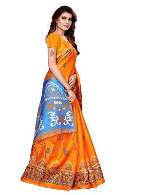 Jhumar Orange Khadi Silk Printed Kalamkaari Sarees With Blouse