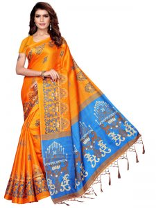 Jhumar Orange Khadi Silk Printed Kalamkaari Sarees With Blouse