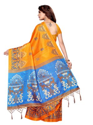 Jhumar Orange Khadi Silk Printed Kalamkaari Sarees With Blouse