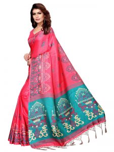 Jhumar Pink Khadi Silk Printed Kalamkaari Sarees With Blouse
