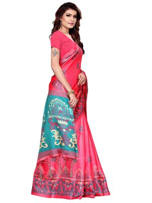 Jhumar Pink Khadi Silk Printed Kalamkaari Sarees With Blouse