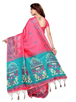 Jhumar Pink Khadi Silk Printed Kalamkaari Sarees With Blouse