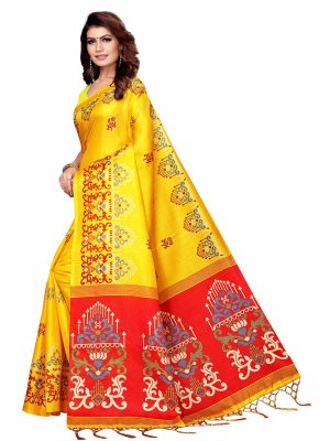 Jhumar Yellow Khadi Silk Printed Kalamkaari Sarees With Blouse