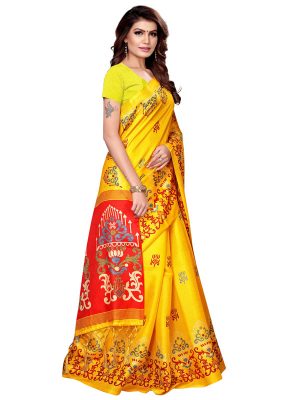 Jhumar Yellow Khadi Silk Printed Kalamkaari Sarees With Blouse