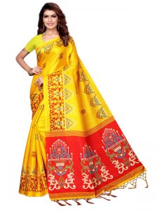 Jhumar Yellow Khadi Silk Printed Kalamkaari Sarees With Blouse