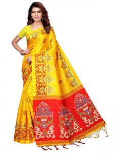 Jhumar Yellow Khadi Silk Printed Kalamkaari Sarees With Blouse