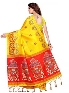Jhumar Yellow Khadi Silk Printed Kalamkaari Sarees With Blouse