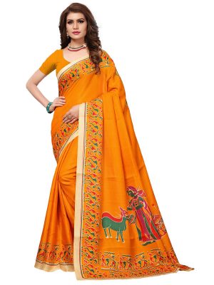 Kalamkaari 8 Mustard Khadi Silk Printed Kalamkaari Sarees With Blouse