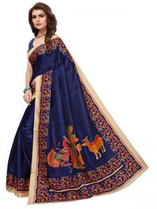 Kalamkaari 8 Navy Khadi Silk Printed Kalamkaari Sarees With Blouse