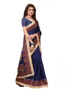 Kalamkaari 8 Navy Khadi Silk Printed Kalamkaari Sarees With Blouse